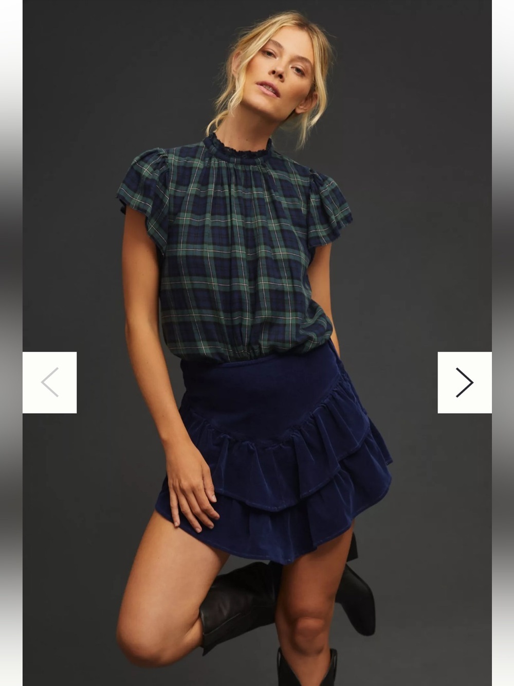Trovata Birds of Paradis The Carla Highneck Blouse Flutter Sleeve Plaid Small
